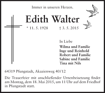Traueranzeige von Edith Walter von Echo-Zeitungen (Gesamtausgabe)