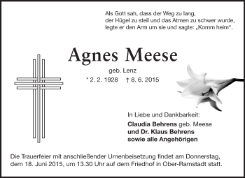 Traueranzeige von Agnes Meese von Darmstädter Echo, Odenwälder Echo, Rüsselsheimer Echo, Groß-Gerauer-Echo, Ried Echo