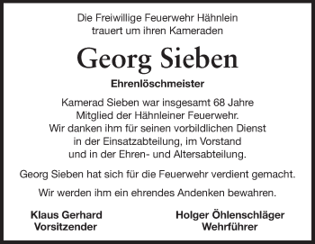 Traueranzeige von Georg Sieben von Echo-Zeitungen (Gesamtausgabe)