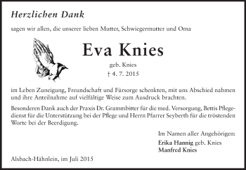Traueranzeige von Eva Knies von Echo-Zeitungen (Gesamtausgabe)