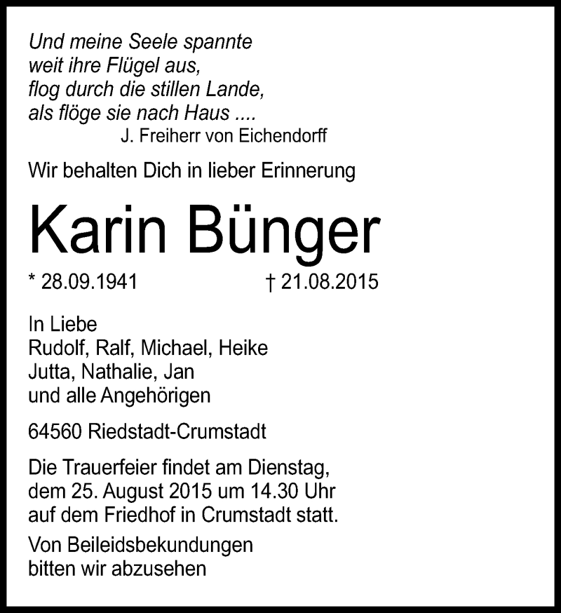  Traueranzeige für Karin Bünger vom 24.08.2015 aus trauer.echo-online.de
