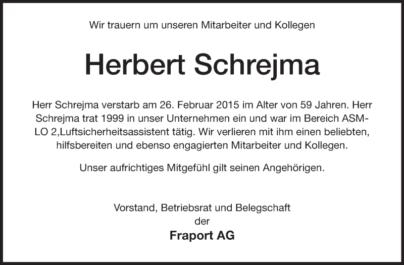  Traueranzeige für Herbert Schrejma vom 16.03.2015 aus Rüsselsheimer Echo, Groß-Gerauer-Echo, Ried Echo