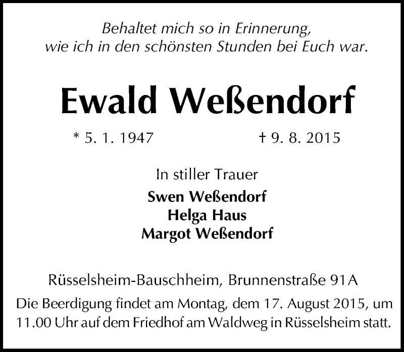  Traueranzeige für Ewald Weßendorf vom 13.08.2015 aus trauer.echo-online.de