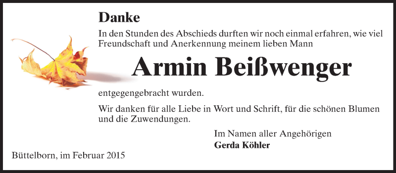  Traueranzeige für Armin Beißwenger vom 20.02.2015 aus Rüsselsheimer Echo, Groß-Gerauer-Echo, Ried Echo