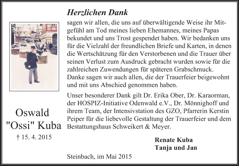 Traueranzeige für Oswald Kuba vom 16.05.2015 aus Odenwälder Echo