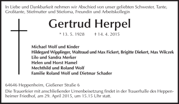 Traueranzeige von Gertrud Herpel von Starkenburger Echo