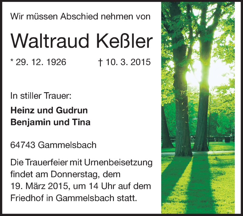  Traueranzeige für Waltraud Keßler vom 17.03.2015 aus Odenwälder Echo