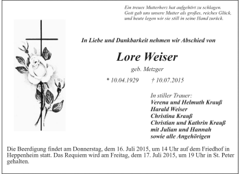 Traueranzeige von Lore Weiser von Starkenburger Echo