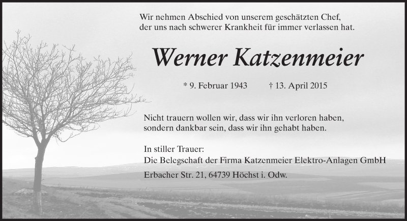  Traueranzeige für Werner Katzenmeier vom 18.04.2015 aus Echo-Zeitungen (Gesamtausgabe)