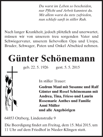 Traueranzeige von Günter Schönemann von Echo-Zeitungen (Gesamtausgabe)