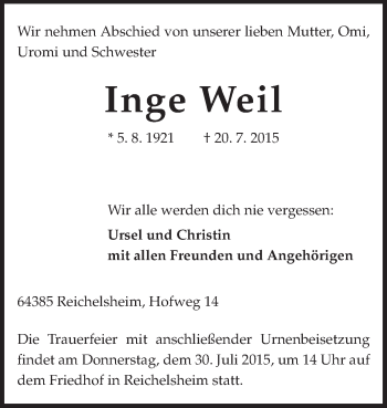 Traueranzeige von Inge Weil von Odenwälder Echo