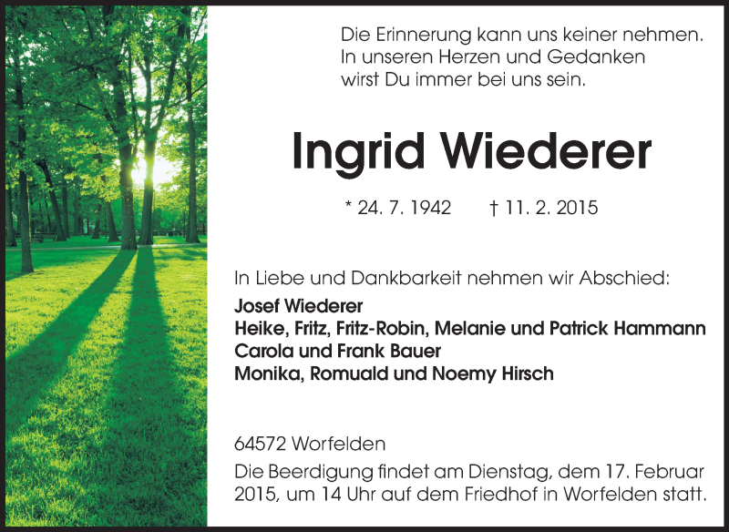  Traueranzeige für Ingrid Wiederer vom 16.02.2015 aus Rüsselsheimer Echo, Groß-Gerauer-Echo, Ried Echo
