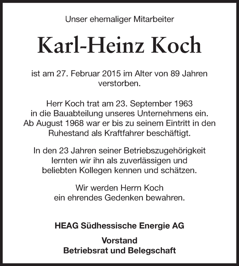  Traueranzeige für Karl-Heinz Koch vom 14.03.2015 aus Echo-Zeitungen (Gesamtausgabe)