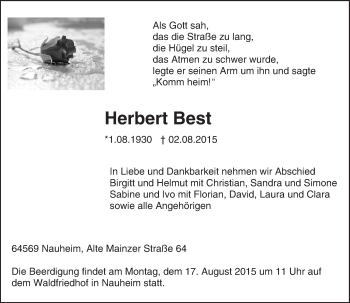 Traueranzeige von Herbert Best von trauer.echo-online.de