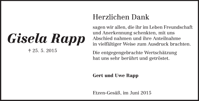  Traueranzeige für Gisela Rapp vom 13.06.2015 aus Odenwälder Echo