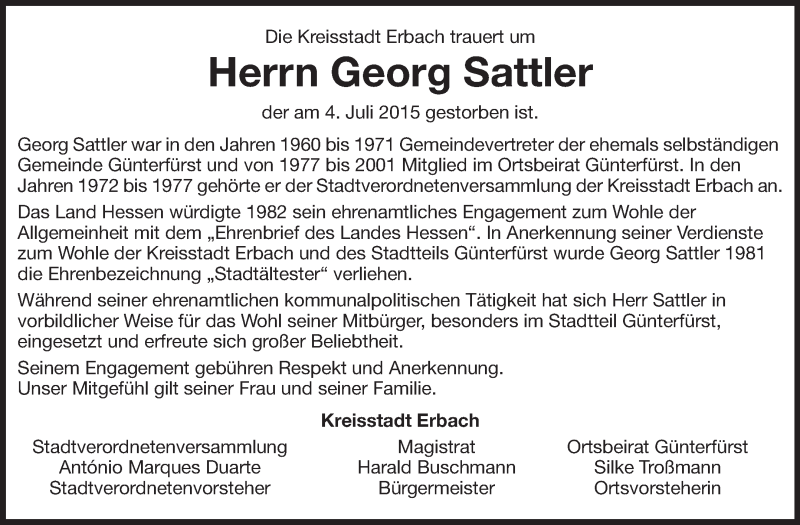  Traueranzeige für Georg Sattler vom 08.07.2015 aus Odenwälder Echo