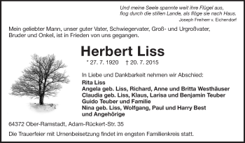 Traueranzeige von Herbert Liss von Darmstädter Echo, Odenwälder Echo, Rüsselsheimer Echo, Groß-Gerauer-Echo, Ried Echo