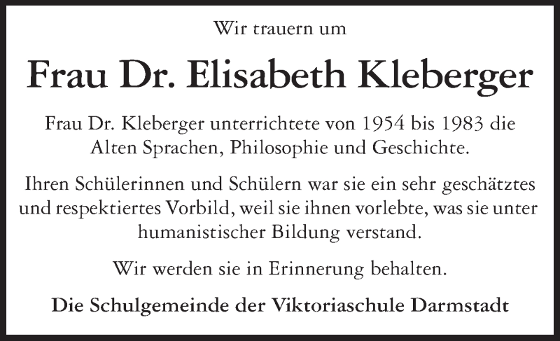  Traueranzeige für Elisabeth Kleberger vom 11.04.2015 aus Echo-Zeitungen (Gesamtausgabe)