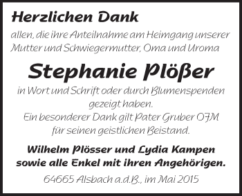 Traueranzeige von Stephanie Plößer von Echo-Zeitungen (Gesamtausgabe)