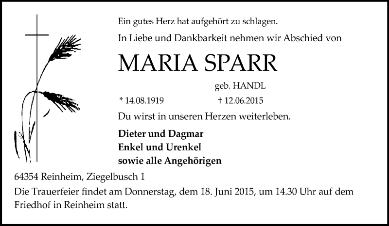  Traueranzeige für Maria Sparr vom 16.06.2015 aus Darmstädter Echo, Odenwälder Echo, Rüsselsheimer Echo, Groß-Gerauer-Echo, Ried Echo