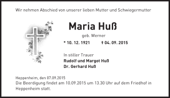 Traueranzeige von Maria Huß von trauer.echo-online.de