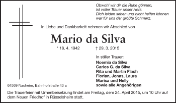 Traueranzeige von Mario da Silva von Rüsselsheimer Echo, Groß-Gerauer-Echo, Ried Echo