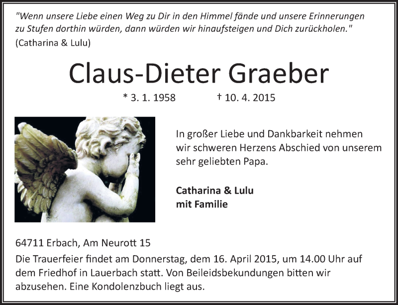  Traueranzeige für Claus-Dieter Graeber vom 15.04.2015 aus Odenwälder Echo