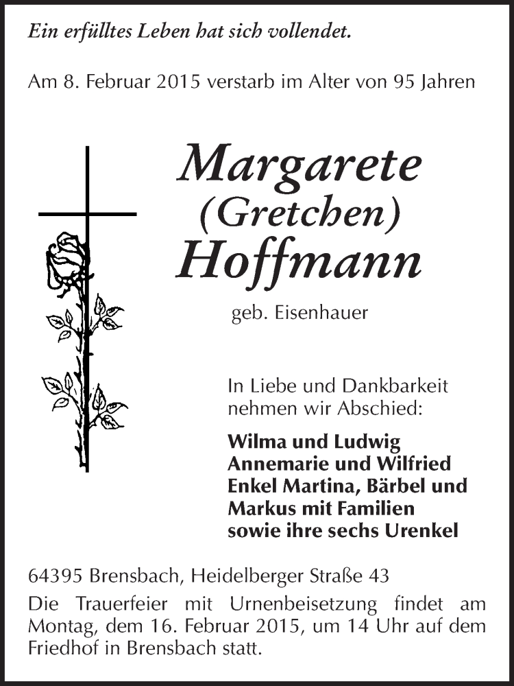  Traueranzeige für Margarete Hoffmann vom 14.02.2015 aus Odenwälder Echo
