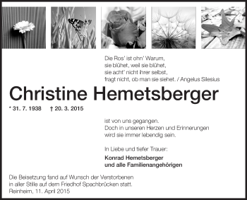 Traueranzeige von Christine Hemetsberger von Echo-Zeitungen (Gesamtausgabe)
