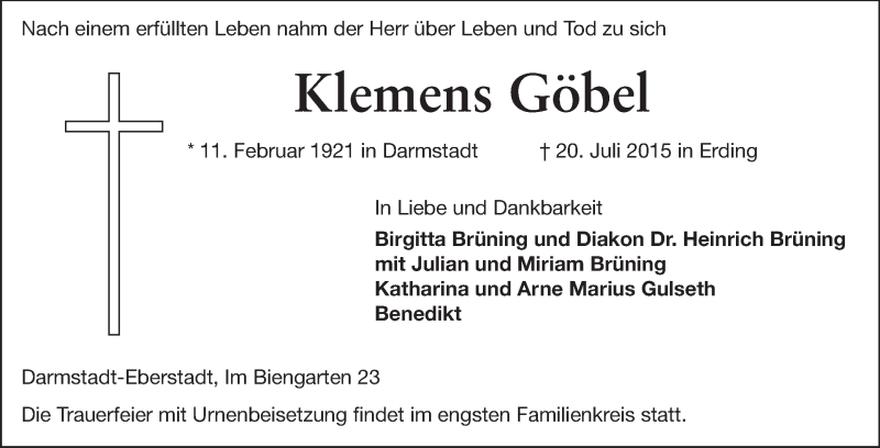  Traueranzeige für Klemens Göbel vom 22.07.2015 aus Echo-Zeitungen (Gesamtausgabe)