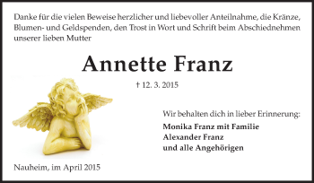 Traueranzeige von Annette Franz von Rüsselsheimer Echo, Groß-Gerauer-Echo, Ried Echo