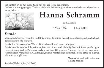 Traueranzeige von Hanna Schramm von Echo-Zeitungen (Gesamtausgabe)