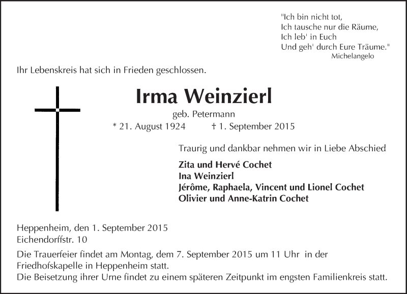  Traueranzeige für Irma Weinzierl vom 04.09.2015 aus trauer.echo-online.de