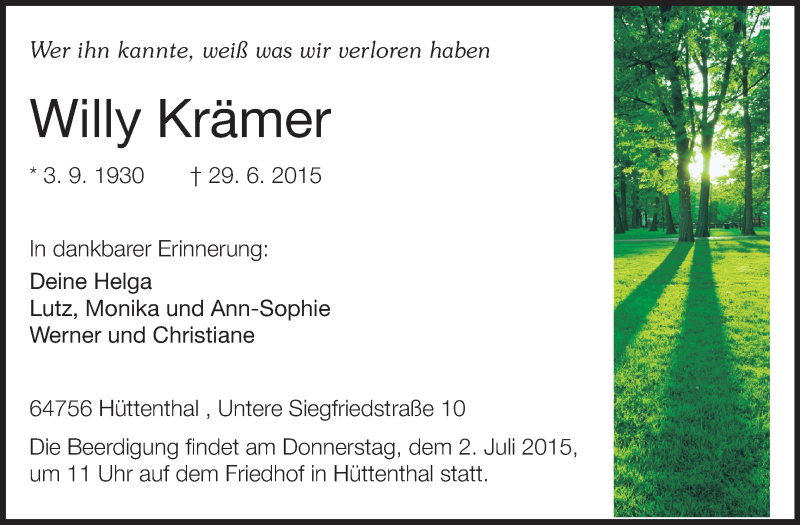  Traueranzeige für Willy Krämer vom 01.07.2015 aus Odenwälder Echo