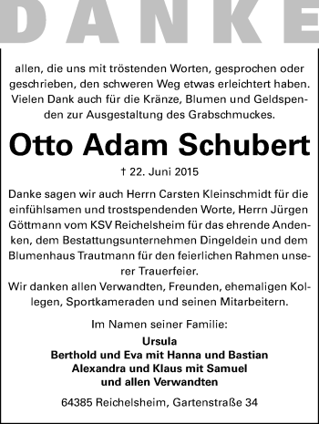 Traueranzeige von Otto Adam Schubert von trauer.echo-online.de