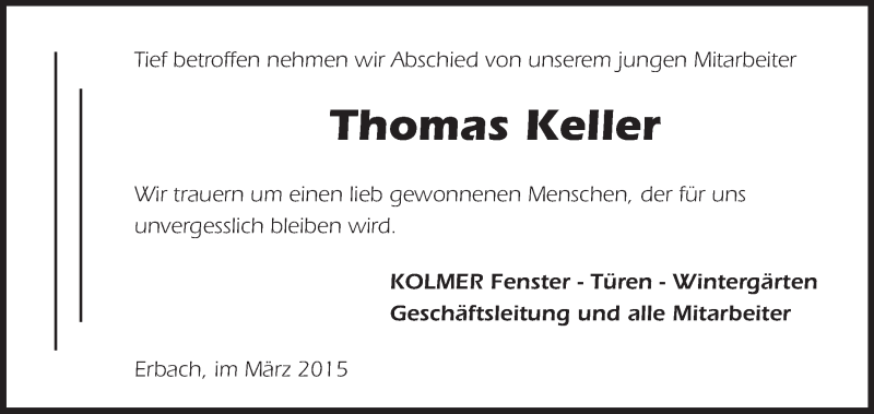  Traueranzeige für Thomas Keller vom 14.03.2015 aus Odenwälder Echo