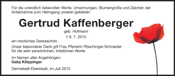 Traueranzeige von Gertrud Kaffenberger von Echo-Zeitungen (Gesamtausgabe)