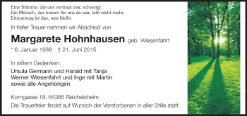 Traueranzeige von Margarete Hohnhausen von Echo-Zeitungen (Gesamtausgabe)