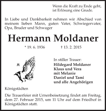 Traueranzeige von Hermann Moldaner von Rüsselsheimer Echo, Groß-Gerauer-Echo, Ried Echo