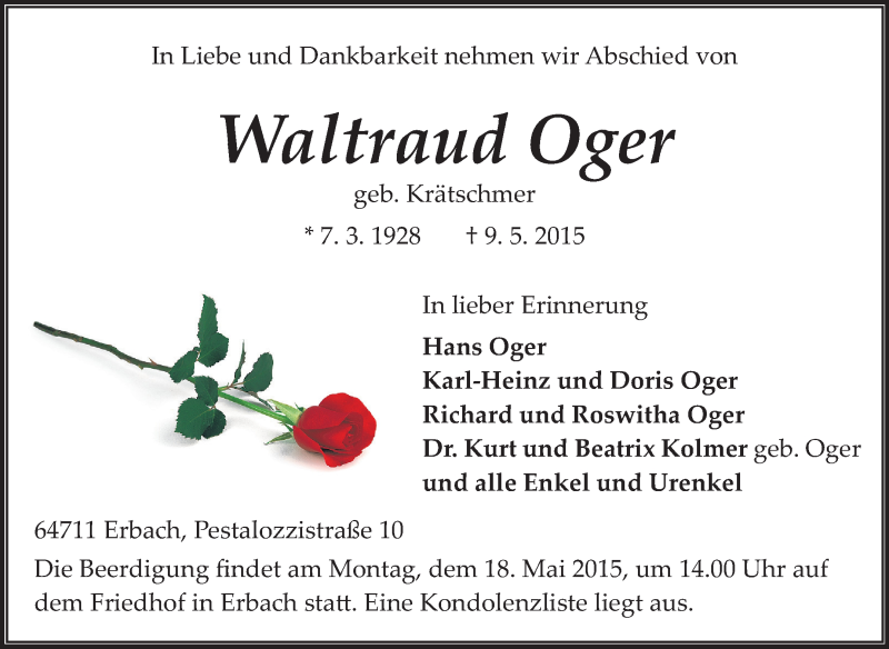  Traueranzeige für Waltraud Oger vom 12.05.2015 aus Odenwälder Echo