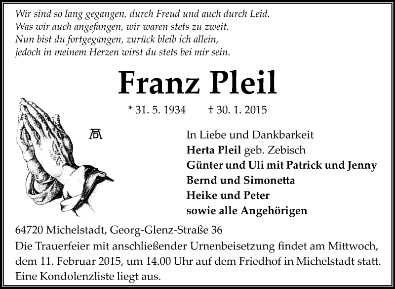  Traueranzeige für Franz Pleil vom 04.02.2015 aus Odenwälder Echo