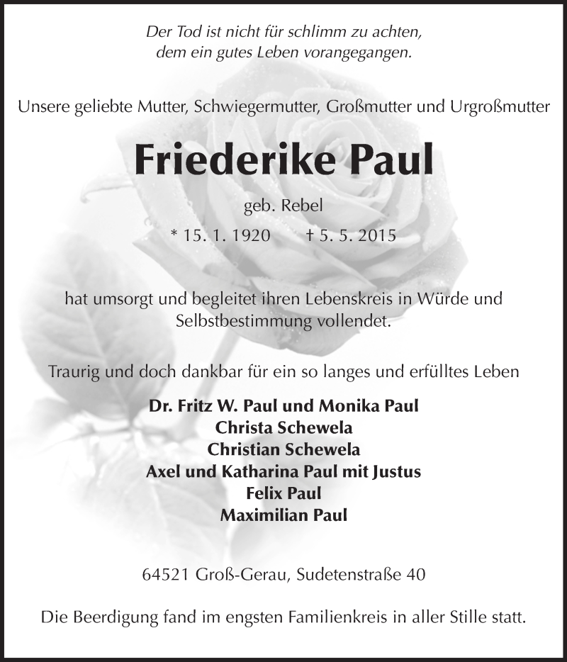  Traueranzeige für Friederike Paul vom 09.05.2015 aus Rüsselsheimer Echo, Groß-Gerauer-Echo, Ried Echo
