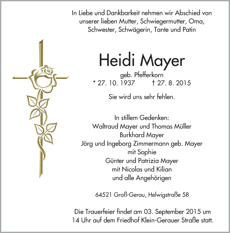  Traueranzeige für Heidi Mayer vom 02.09.2015 aus trauer.echo-online.de