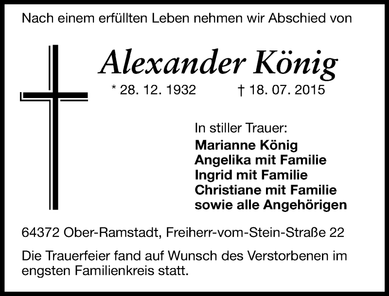  Traueranzeige für Alexander König vom 01.08.2015 aus trauer.echo-online.de