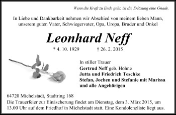 Traueranzeige von Leonhard Neff von Odenwälder Echo