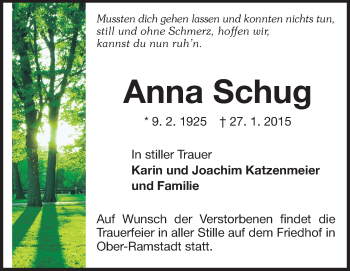 Traueranzeige von Anna Schug von Echo-Zeitungen (Gesamtausgabe)