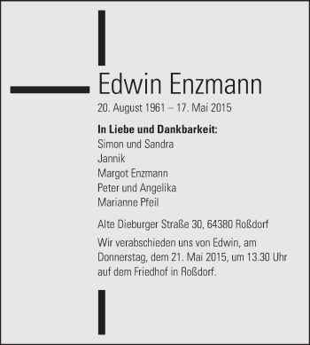 Traueranzeige von Edwin Enzmann von Echo-Zeitungen (Gesamtausgabe)