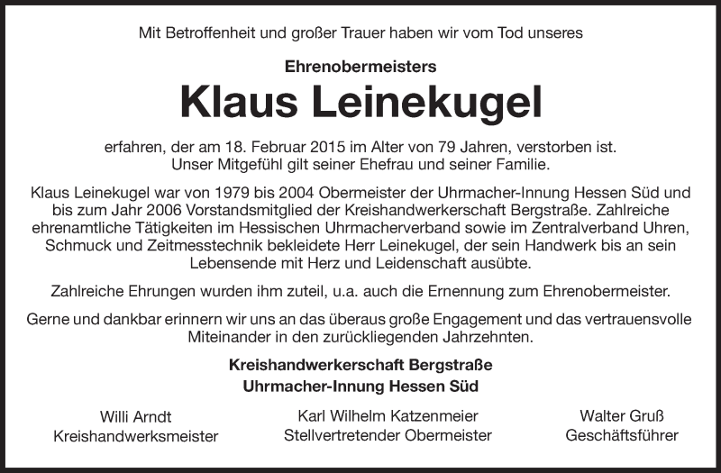  Traueranzeige für Klaus Leinekugel vom 25.02.2015 aus Rüsselsheimer Echo, Groß-Gerauer-Echo, Ried Echo