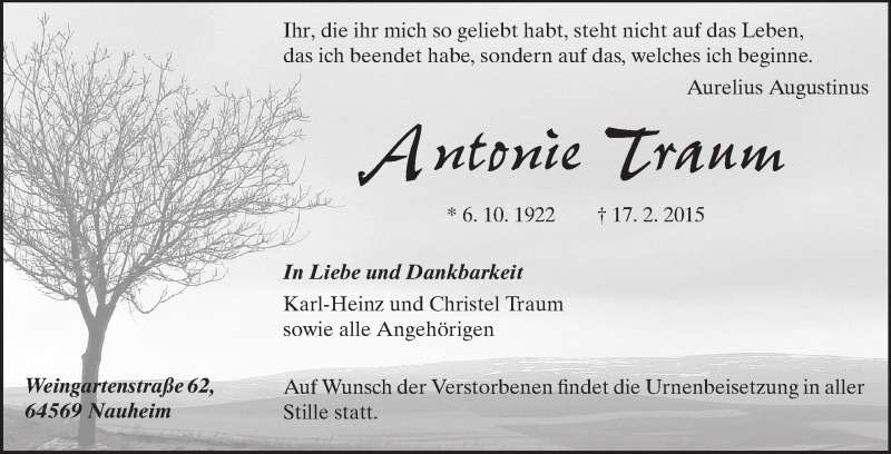  Traueranzeige für Antonie Traum vom 21.02.2015 aus Rüsselsheimer Echo, Groß-Gerauer-Echo, Ried Echo