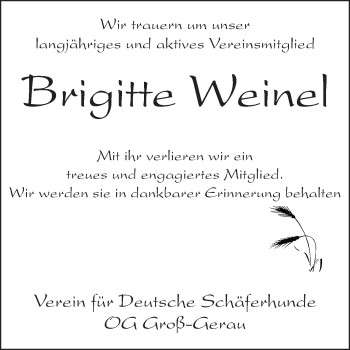 Traueranzeige von Brigitte Weinel von Rüsselsheimer Echo, Groß-Gerauer-Echo, Ried Echo